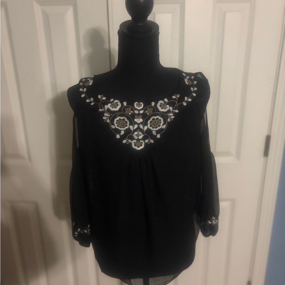 White House Black Market Black Blouse with Embroidery